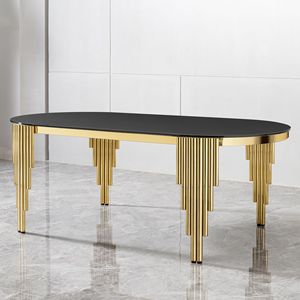 79.53\" Black Glass <b>Top</b> Oval <b>Dining</b> <b>Table</b> with Gold Stainless Steel Base Accommodates 8 Seaters - Product Image 1