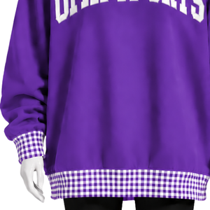 Mens <b>Purple</b> Oversized Crewneck Sweatshirt Gingham Check Trim Long Sleeve Casual Pullover Fashion Streetwear Athletic Sports <b>Top</b> - Product Image 6