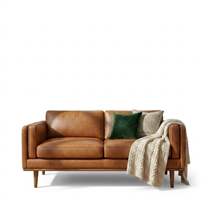 Mid-Century Modern Style Genuine Leather <b>Sofa</b> Premium Upholstered Couch for Living Room Entertainment Area Apartment in Camel - Product Image 2