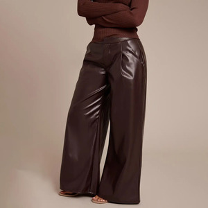 <span class=keywords><strong>Pantaloni</strong></span> da donna <span class=keywords><strong>in</strong></span> pelle PU a gamba larga, vita alta, vestibilità ampia, lunghezza intera, tinta unita marrone, stile casual autunnale, con frontino piatto ed elastico <span class=keywords><strong>in</strong></span> vita - Product Image 1