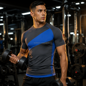 Camiseta de Compresión de Manga Corta para Hombre, Color Azul Gris, Bloques de Color, Secado Rápido, Top Deportivo para Gimnasio, Ajuste Atlético - Product Image 1