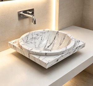 Lavabo de Mármol Redondo Pulido Blanco con Vetas Negras, Lavabo de Baño de Montaje Superior, Diseño Minimalista - Product Image 1