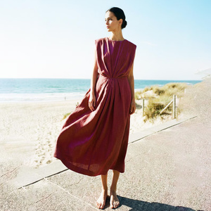 Linen V-Neck Bell Sleeve <b>Loose</b> Fit Pleated Flared Hem Bow Detail Breathable Vintage Summer Casual Midi <b>Dress</b> for Women - Product Image 1