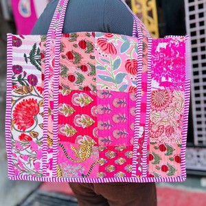 Handmade Cotton <b>Quilted</b> Tote Bag Floral Panelled Bohemian Style Open Closure Women's Shopping Bag All Seasons - Product Image 6