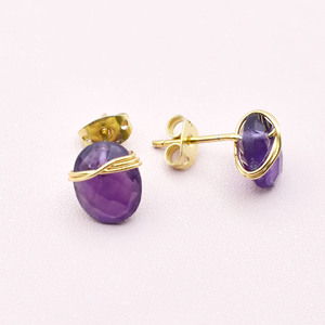 Handmade Amethyst <b>Studs</b> 8–10mm | Oval Wire Wrapped Purple Crystal Earrings | Spiritual Healing Gift - Product Image 3