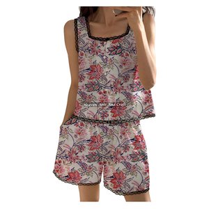 Women Summer Nightwear Lace <b>Trim</b> Shorts Pajama Set Stylish Spring/Summer Floral Sleeveless Pj Set Block Print Wholesale - Product Image 4