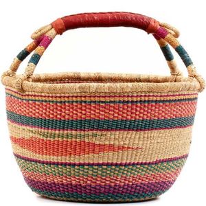 Cesta de mimbre artesanal de bajo precio, bolso de mercado de hierba natural tejida con rayas multicolor y correa de cuero - Product Image 2