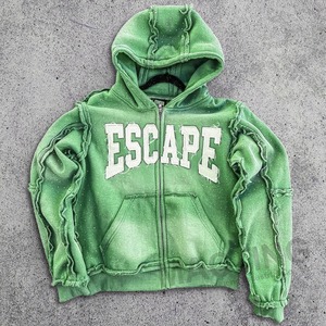 Sudadera Personalizada 2025 de Estilo Urbano, Tejido de Algodón 100% de Alto Gramaje, con Pedrería, Parche de Costura Invertida, Bordado Desgastado, Lavado Vintage y Cremallera - Product Image 4