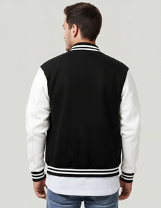 <b>Men</b> Black And <b>White</b> Varsity <b>Jacket</b> Regular Fit Cotton Polyester Baseball Style Casual Outerwear With Button Closure <b>Jackets</b> - Product Image 2