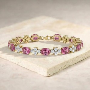 Pulsera con Dije de Zafiro Rosa Cultivado en Laboratorio, Corte Ovalado, en Plata de Ley Chapada en Oro, Regalo de Lujo para Mujer, Ideal para Aniversarios y Fiestas - Product Image 1