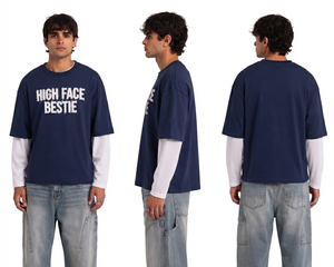 Double <b>Layered</b> Boxy T Shirt Men Double Long Sleeve T-Shirts O Neck Cotton Jersey Tee <b>Top</b> Long Sleeve Embroidered Sportswear Tee - Product Image 5