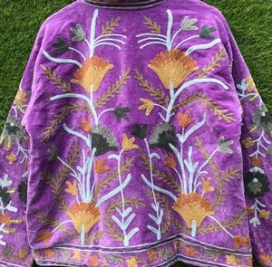 Purple Floral Embroidery Velvet <b>Kimono</b> <b>Cardigan</b> Long Sleeve Loose Fit Mandarin Collar Autumn Casual Beautiful Elegant Boho - Product Image 3