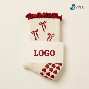 <b>Custom</b> Logo Ruffle <b>Grip</b> <b>Socks</b> Manufacturer Cotton Cute Bow Red Color Crew <b>Socks</b> With Silicone Non Slip Sole for Pilates Yoga - Product Image 1