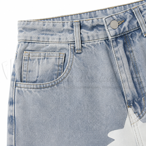 Jeans de Mezclilla de Pierna Recta para Hombre, Cintura Media, Lavado Claro, Estilo Casual de Algodón con Parche de Estrella Blanca en el Bolsillo Trasero, para Usar en Verano - Product Image 6
