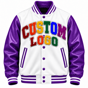 Custom Logo Varsity Jacket <b>Men's</b> White <b>Purple</b> Embroidered Letter Front Design Regular Fit Autumn Wear - Product Image 1