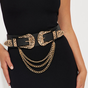 Streetwear Black Leather <b>Belt</b> Women Double Vintage Buckle Gold <b>Chain</b> Latest Style Clubwear Fashion <b>Belt</b> For Women - Product Image 2