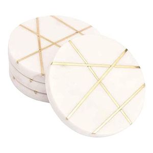 Sous-verres ronds en marbre avec incrustation de laiton, lot de 4, en marbre naturel pour sublimation et incrustation métallique, sous-verres à thé en pierre, vente en gros personnalisée - Product Image 1