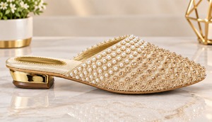 Mules plates à enfiler en or, perles et strass, à bout pointu, pour mariée et soirée - Product Image 2