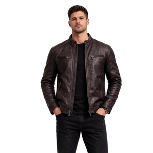 Chaqueta de cuero genuino para hombre, color marrón oscuro, estilo motero, con cuello alto y cremallera, informal. - Product Image 1
