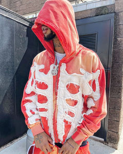 Unisex Distressed <b>Skeleton</b> Patch Hoodie Sweatpants Set Oversized Zip Up Hooded Tracksuit Streetwear Two Piece Outfit - Product Image 3