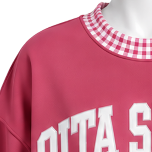 Mens Rose <b>Pink</b> Oversized Crewneck <b>Sweatshirt</b> With Checkered Neckline And Cuffs Long Sleeve Graphic Pullover Casual Fashion Top - Product Image 5