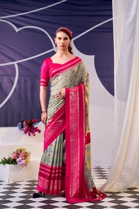 Sari indien en soie Tussar fantaisie à imprimé floral et travail en feuille d'or pour les occasions festives et de mariage, et également pour un usage décontracté pour les femmes. - Product Image 2