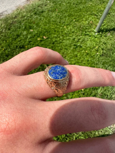 Men's Vintage 9K Solid Gold <b>Lapis</b> <b>Lazuli</b> Cocktail <b>Ring</b> Bezel Set Round Natural Stone Daily Wear Jewelry - Product Image 2