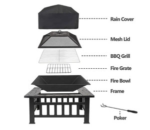 Square Metal Fire Pit Table 32 inch with Mesh Cover for Outdoor Patio Garden Heating and BBQ - Product Image 3