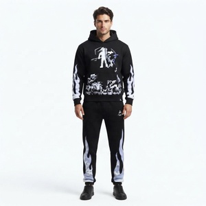 Ensemble sweat à capuche noir pour homme avec imprimé flamme, style streetwear, sweat-shirt et pantalon de jogging en polyester imprimé numériquement, tissu French Terry, vêtements d'automne - Product Image 1
