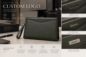 Pochette de luxe en cuir véritable pour homme avec logo, fermeture éclair, pochette de poignet, organiseur fin pour téléphone, portefeuille, passeport, voyage, bureau - Product Image 5
