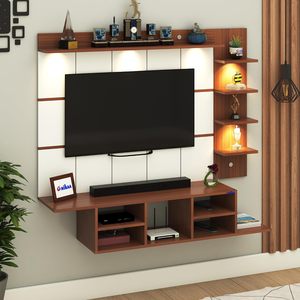 Meuble TV mural en bois d'ingénierie avec panneau arrière en PVC rayé et éclairage LED intégré |   Meuble TV avec boîte de rangement ouverte Marron & Blanc - Product Image 3