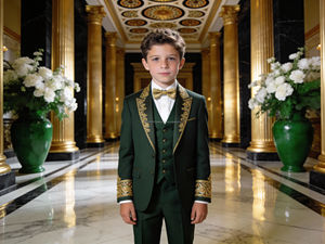 Costume de smoking vert olive pour enfants avec broderie dorée |   Ensemble de costume formel pour garçons pour mariage et fête - Product Image 5