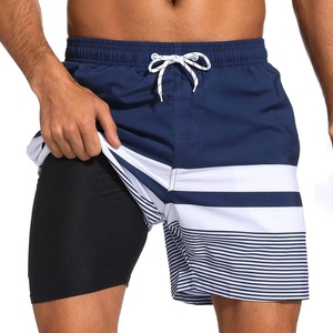 Shorts de bain rayés à séchage rapide pour hommes, doublés à deux couches, avec cordon de serrage, vente en gros OEM, vêtements d'été - Product Image 5
