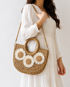 Bolso de Playa de Rafia Tejido a Mano de Lujo Personalizado con Diseño de Girasol y Margarita, Bolso de Hombro Cruzado de Media Luna con Correa para Mujer, Regalo de Verano - Product Image 3