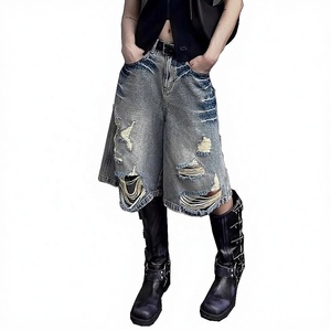 Shorts en jean déchirés à jambe large pour homme, style streetwear, coupe ample, pour l'été - Product Image 3
