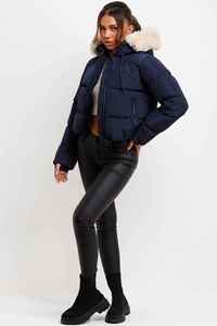 Veste matelassée marine pour femme avec capuche à bordure en fourrure, fermeture éclair, manches longues, style hiver, couleur unie, polyester épais enduit - Product Image 4