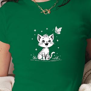 เสื้อยืดสั้นแฟชั่นลูกแมวกับผีเสื้อผู้หญิง - Product Image 2