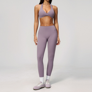 Conjunto de Yoga de 2 Piezas para Mujer, Secado Rápido, Ligero, Sin Costuras, Sujetador Deportivo con Cuello en V, Leggings Deportivos de Cintura Alta con Efecto Levanta Glúteos, Sensación de Segunda Piel - Product Image 4