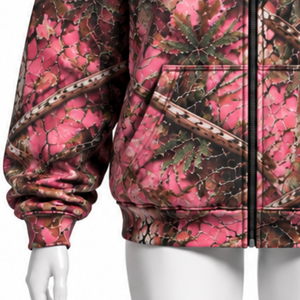 Rose <b>Pink</b> Forest Print Zip <b>Hoodie</b> Mens Casual Outdoor Hooded Sweatshirt with Drawstring Front Pockets Warm Everyday Streetwear - Product Image 5