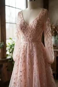 Robe de soirée rose de créateur, sans bretelles, ornée de perles, longueur ras du sol, robe de cérémonie de luxe, fabricant en gros - Product Image 4
