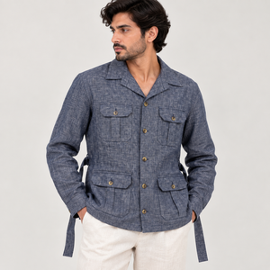 <b>Men's</b> Pure <b>Linen</b> Safari <b>Jacket</b>-Blue Long Sleeve Utility <b>Jacket</b> with Multiple Pockets and Waist Tie Belt - Product Image 4