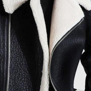 Textured Leather Winter <b>Jacket</b> Contrast <b>White</b> Shearling Collar Asymmetric Zipper <b>Men</b> Casual Outerwear Thick Thermal Coat - Product Image 6