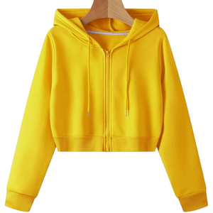 Sweat-shirt à capuche jaune pour femme, manches longues, fermeture éclair, couleur unie, tricoté en spandex/coton respirant, vêtement décontracté d'automne - Product Image 1