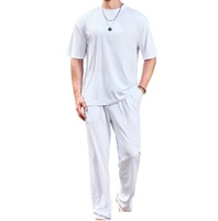 Ensemble T-shirt et pantalon décontracté bleu marine pour homme, taille élastique avec cordon de serrage, tricot léger et respirant, idéal pour l'été