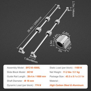 Kit di movimento lineare SFC16 da 1000 mm con 2 guide, 4 blocchi di carrello SC16 e 4 staffe di supporto per macchine CNC - Product Image 3