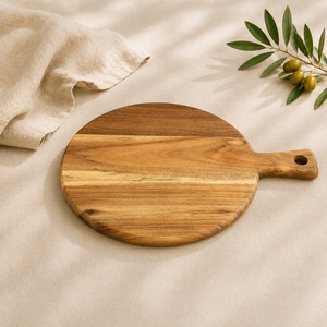 Planche à découper ronde en bois d'acacia artisanale de qualité supérieure avec poignée ergonomique, planche à découper en bois monobloc durable en promotion - Product Image 1