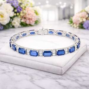 Pulsera de San Valentín con zafiro natural de 8,80 quilates, piedra preciosa azul con corte esmeralda, regalo de lujo para mujer, tamaño ajustable - Product Image 6