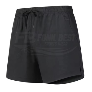 Shorts décontractés pour hommes, couleur noire unie, cordon de serrage, taille élastique, respirants, 100% polyester, tricotés, longueur courte - Product Image 1