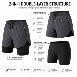 Men's Double <b>Layer</b> Running Shorts with Built-In Compression Liner | Custom Logo Quick-Dry Sports Shorts for Summer Gym Wear - Product Image 2