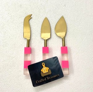 Minimalist Style <b>Cheese</b> <b>Knife</b> <b>Set</b> 3 Pcs Gold Plated Stainless Steel Pink Resin Handle Durable Hand Wash Only Tableware Utensil - Product Image 1